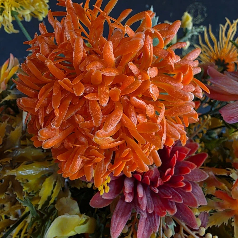 60s Plastic Flower Power Arrangement Orange Autumn Groovy in Slag Glass Vase